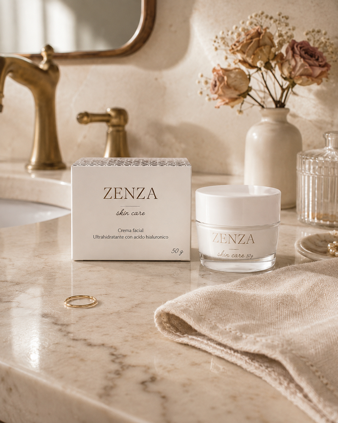 ZENZA Skin Care crema facial 50 g en un tocador de mármol